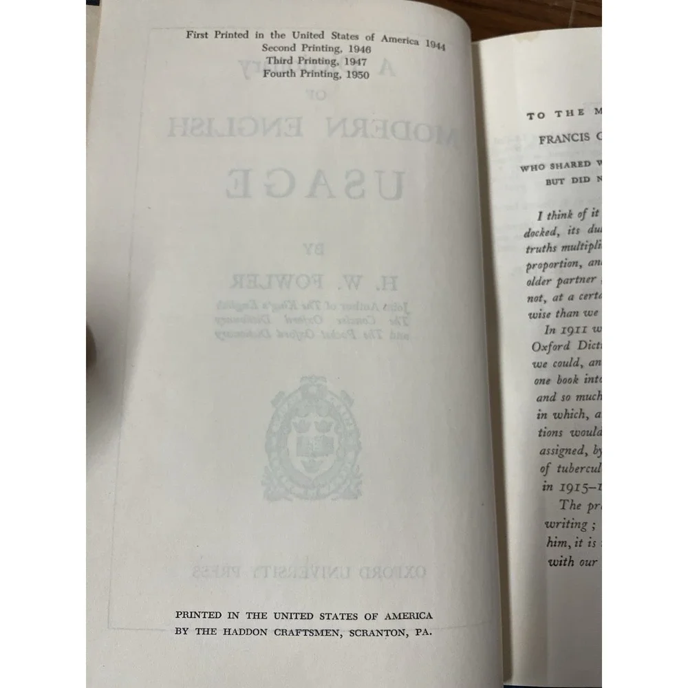 Vintage: Dictionary of Modern English Usage by H.W. Fowler 1950 4th Printing‎